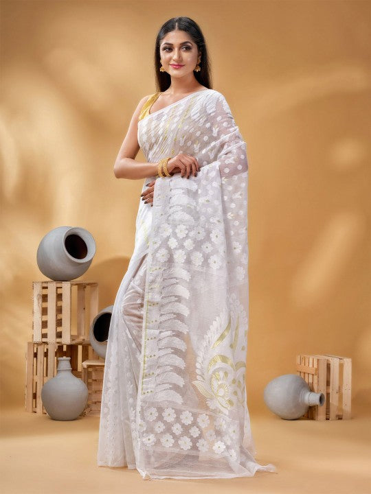 Exquisite White & Gold Pure Cotton Jamdani Saree with Woven Zari Border