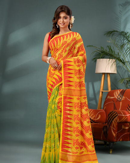 Multicolor Tamarind Leaf Dhakai Jamdani Cotton Saree Without Blouse Piece