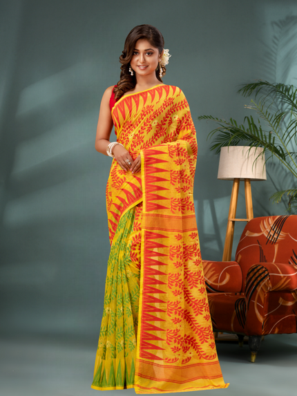 Multicolor Tamarind Leaf Dhakai Jamdani Cotton Saree Without Blouse Piece