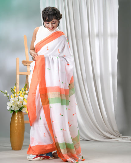 Women's Tri Color Pure Cotton Khadi Handloom Saree Mashal Design with Blouse Piece – Independence Day Special (Orange, White & Green)