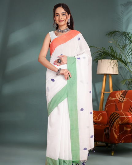 Women's Tri Color Handloom Pure Cotton Saree With Blouse Piece – Orange, White, Green (Independence Day Special)