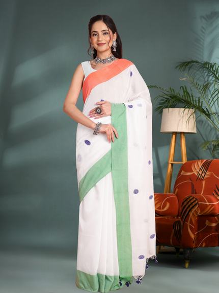Women's Tri Color Handloom Pure Cotton Saree With Blouse Piece – Orange, White, Green (Independence Day Special)
