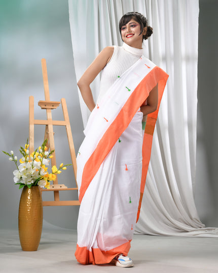 Women's Tri Color Pure Cotton Khadi Handloom Saree Mashal Design with Blouse Piece – Independence Day Special (Orange, White & Green)