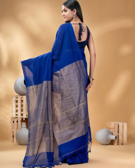 DESH BIDESH Elegant Pure Cotton Khadi Saree with Woven Design, Royal Blue & Gold Hue