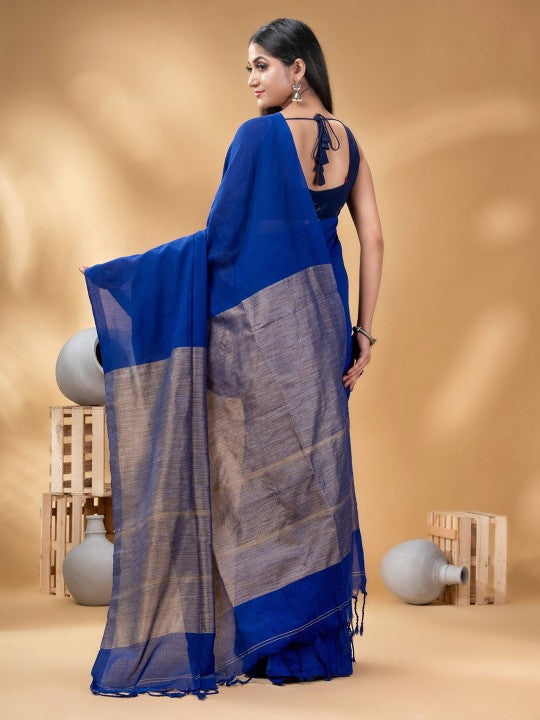 DESH BIDESH Elegant Pure Cotton Khadi Saree with Woven Design, Royal Blue & Gold Hue