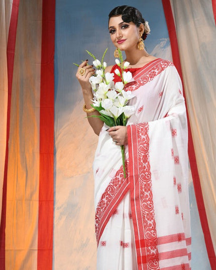 Exquisite Red & White Woven Design Paisley Taant Saree with Unstitched Blouse Piece