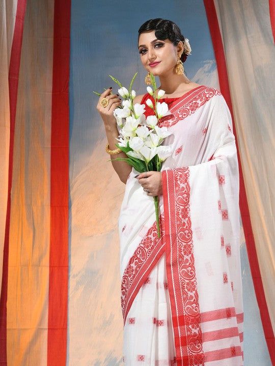 Exquisite Red & White Woven Design Paisley Taant Saree with Unstitched Blouse Piece