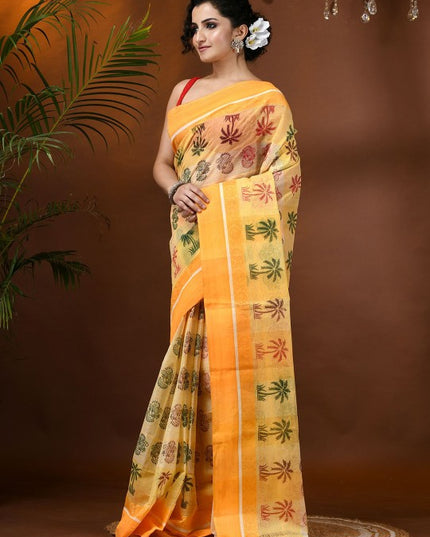 DESH BIDESH Paisley Pure Cotton Handloom Block Print Saree for Women