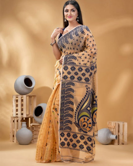 Exquisite Pure Cotton Handloom Jamdani Saree with Woven Design Border for Women