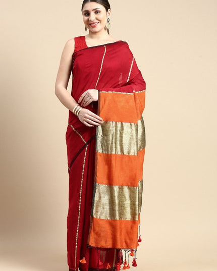 Exquisite Striped Red & Gold-Toned Silk Cotton Saree with Unstitched Blouse Piece