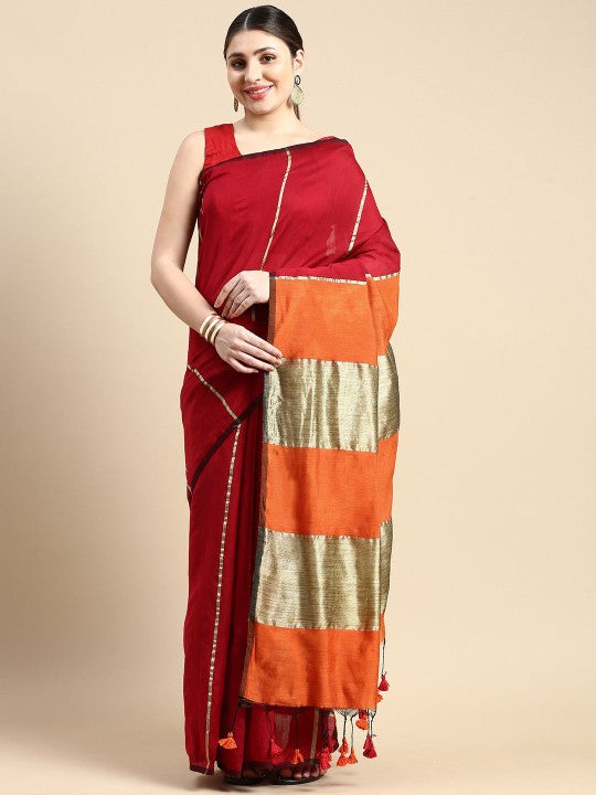 Exquisite Striped Red & Gold-Toned Silk Cotton Saree with Unstitched Blouse Piece