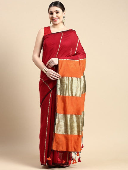Exquisite Striped Red & Gold-Toned Silk Cotton Saree with Unstitched Blouse Piece
