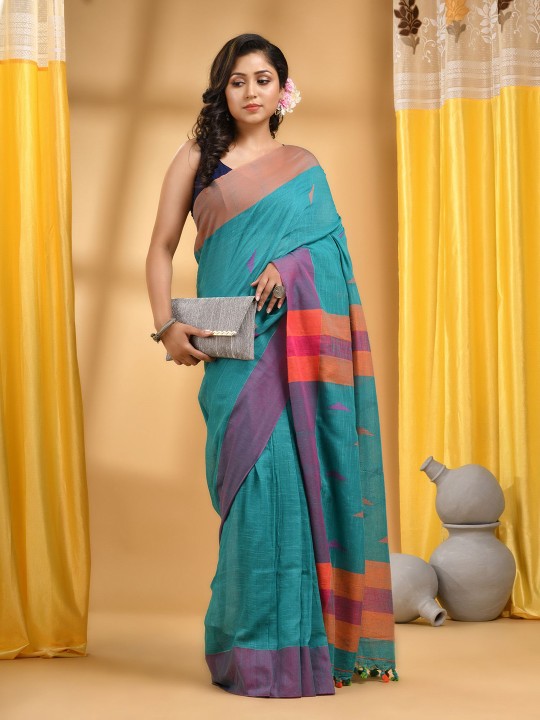 DESH BIDESH Woven Design Cotton Taant Saree With Unstitched Blouse Piece