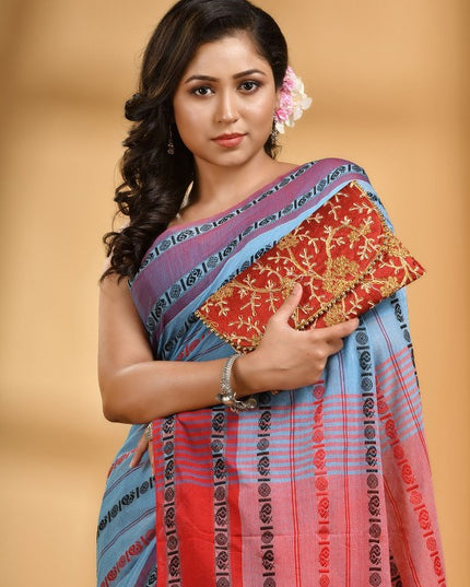 Elegant Blue & Red Woven Design Pure Cotton Saree for Women