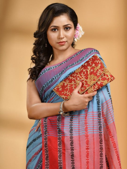 Elegant Blue & Red Woven Design Pure Cotton Saree for Women