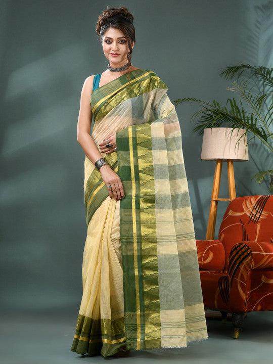 DESH BIDESH Striped Zari Pure Cotton Taant Saree - Sarees for Women 35202410