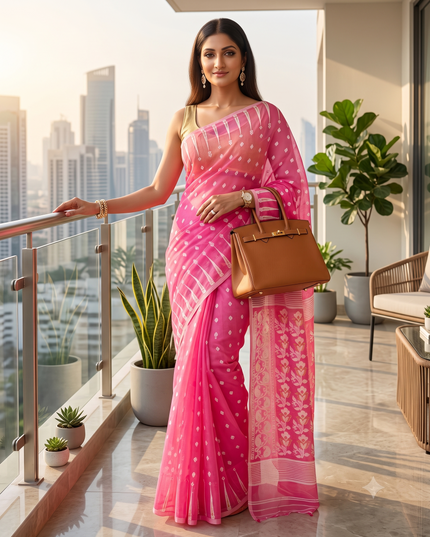 Resham Dhakai Jamdani Bengal Pure Cotton Handloom Saree Diamond Queen Design