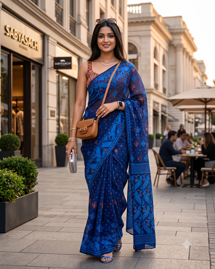 Elegant Blue Jamdani Saree with Woven Ethnic Motifs and Zari Work