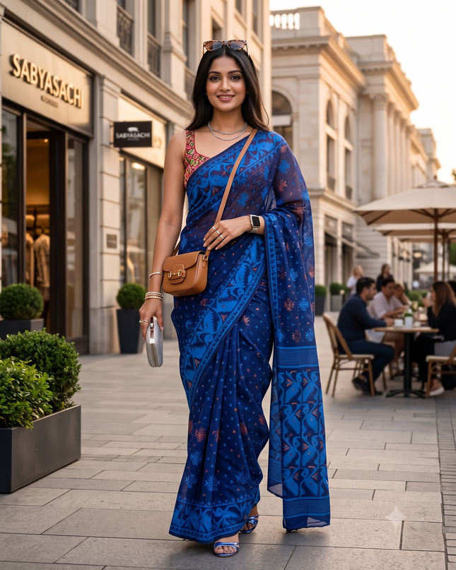 Elegant Blue Jamdani Saree with Woven Ethnic Motifs and Zari Work