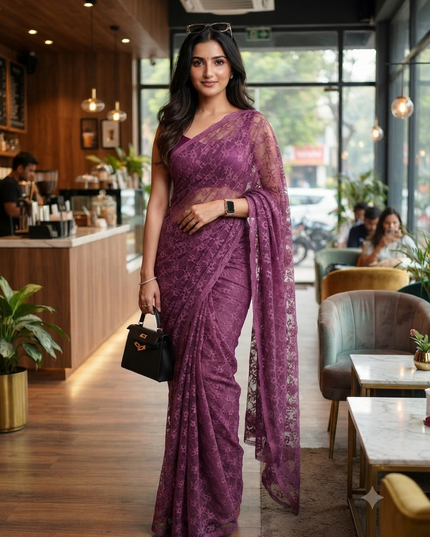 Women’s Net Sequin Embroidered saree Soft Net saree party, wear Chiffon wedding Silk georgette latest, Net sarees Heavy design Function Festive farewell saree for women (Lavender)