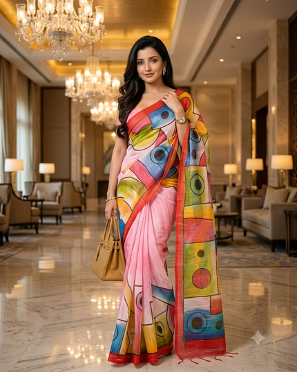 dB DESH BIDESH Women`s Soft Cotton Saree for Women Canvas Design Hand Drawing Soft Cotton Silk Daily Office Wear Saree for Woman with Blouse Piece