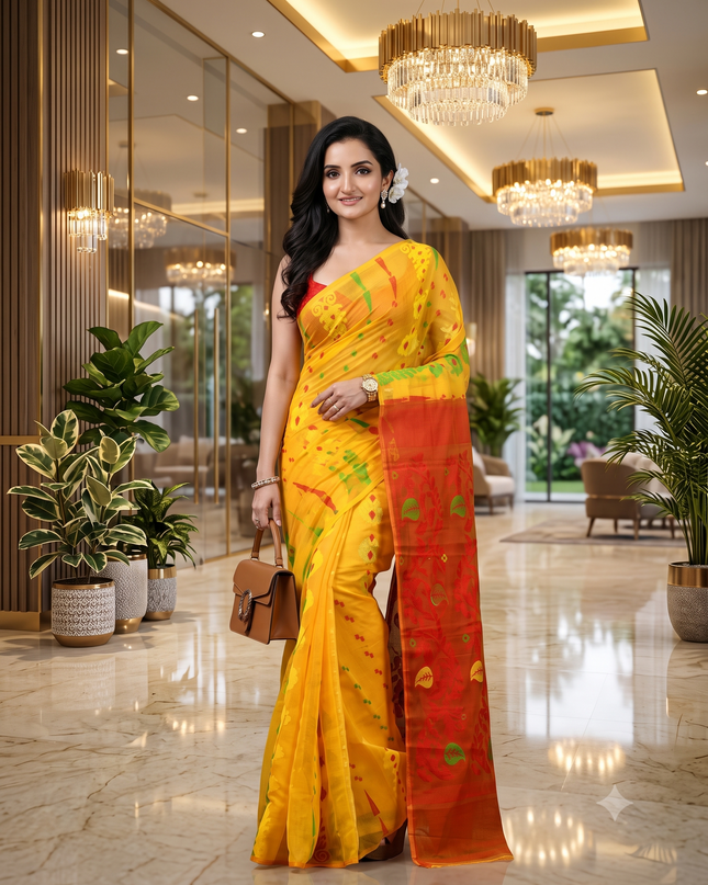 Exquisite Yellow & Red Paisley Woven Design Phulkari Jamdani Saree for Women