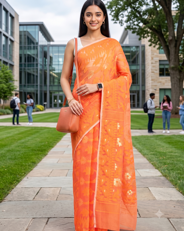 Pure Cotton Jamdani Saree with Woven Ethnic Motifs