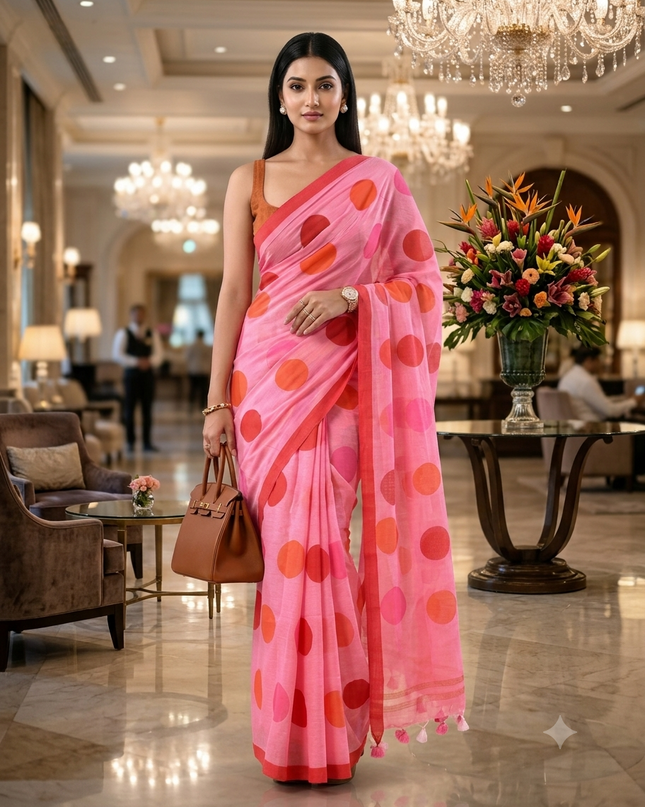 Women cotton handloom mulmul cotton sarees mul cotton sarees for women latest, Mohini design batik print bandhani malmal linen office daily, party, wear sarees for women (Pink)
