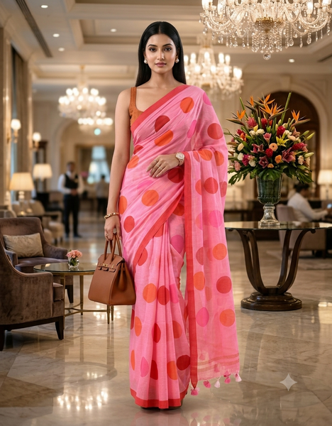 Women cotton handloom mulmul cotton sarees mul cotton sarees for women latest, Mohini design batik print bandhani malmal linen office daily, party, wear sarees for women (Pink)