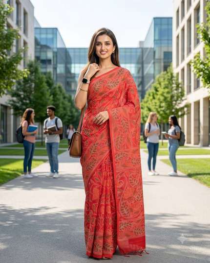 dB DESH BIDESH Women`s Cotton Saree For Woman Nakshakata Leaf kolka Embroidery Printed Trendy Soft Cotton Silk Women Sarees with Blouse Piece (RED)
