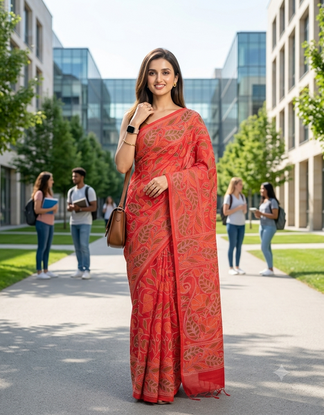 dB DESH BIDESH Women`s Cotton Saree For Woman Nakshakata Leaf kolka Embroidery Printed Trendy Soft Cotton Silk Women Sarees with Blouse Piece (RED)