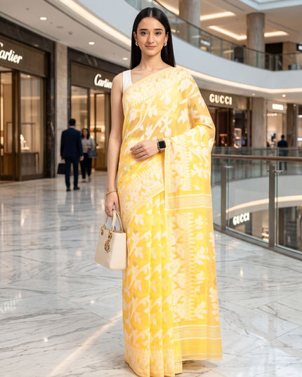 Woven Design Ethnic Motifs Pure Cotton Jamdani Saree
