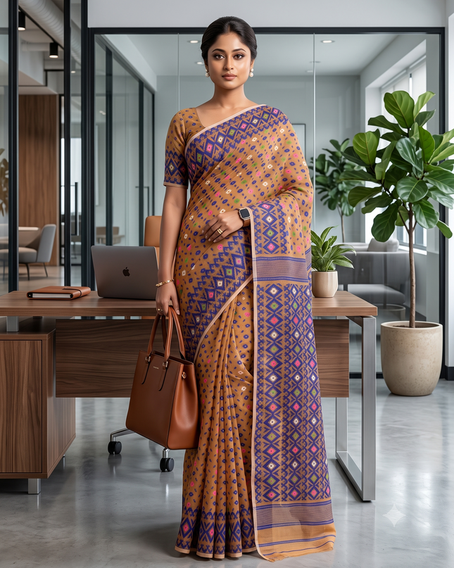 Hirokduti Resham Dhakai jamdani Bengal Pure Cotton Handloom Saree Whole Body Design without Blouse Piece