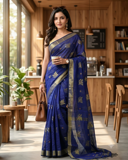 Cotton Silk Party Wear Saree Trendy Design Gulnaz Georgette Chiffon Cotton Saree (Dark Blue)