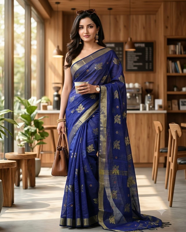 Cotton Silk Party Wear Saree Trendy Design Gulnaz Georgette Chiffon Cotton Saree (Dark Blue)