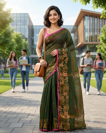 Women cotton silk tant handloom saree mysore party, wear sarees latest, design wedding, banarasi design georgette saree soft silk cotton MidNight Zari sarees for women (Dark Green)