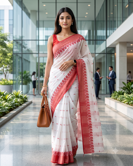 Elegant White & Red Woven Paisley Pure Cotton Saree for Women
