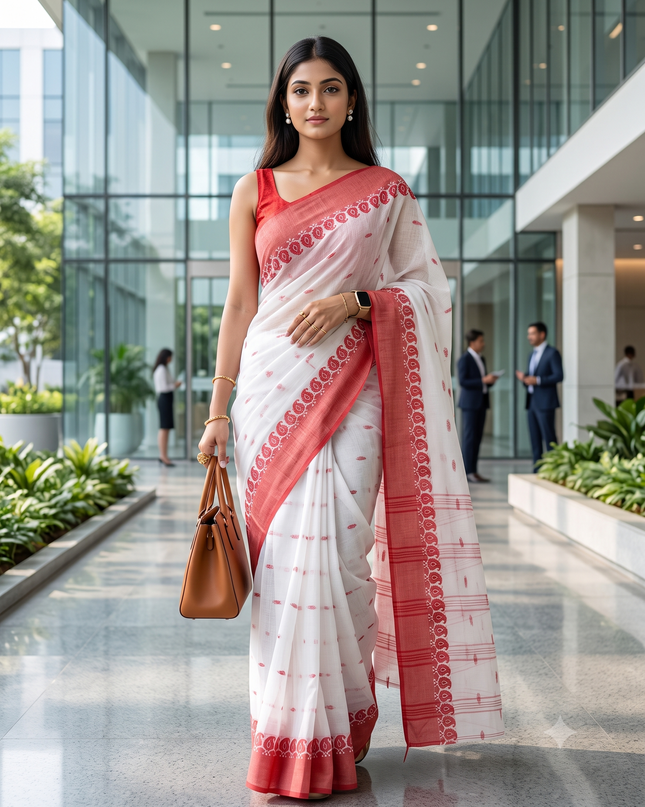 Elegant White & Red Woven Paisley Pure Cotton Saree for Women