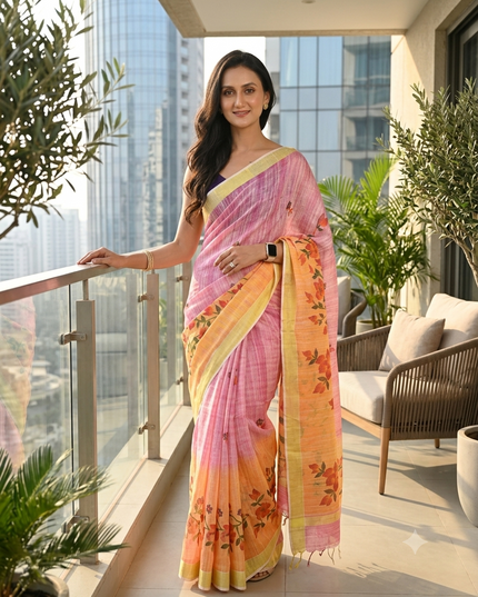 dB DESH BIDESH Women`s Cotton Saree For Woman Latest, Phoolbagan Printed Trendy Soft Cotton Silk Women Sarees with Blouse Piece (Pink Yellow)