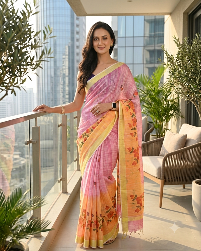dB DESH BIDESH Women`s Cotton Saree For Woman Latest, Phoolbagan Printed Trendy Soft Cotton Silk Women Sarees with Blouse Piece (Pink Yellow)