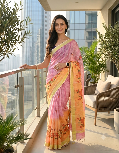dB DESH BIDESH Women`s Cotton Saree For Woman Latest, Phoolbagan Printed Trendy Soft Cotton Silk Women Sarees with Blouse Piece (Pink Yellow)