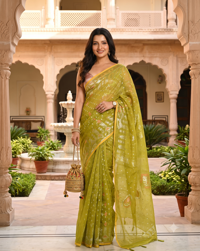 dB DESH BIDESH Women's Soft Cotton Silk Jamdani Sarees For Women for Party Festival Wedding Silk Saree GlamQueen Gold Work Design Without Blouse piece (Olive Green)