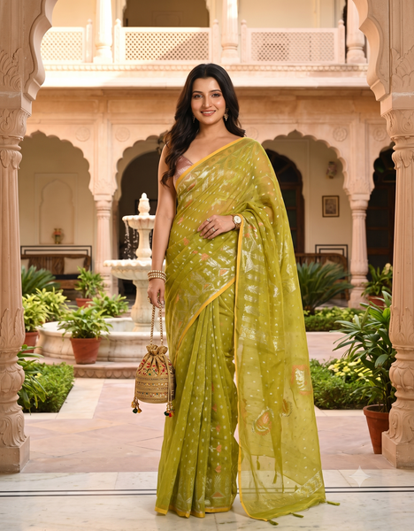 dB DESH BIDESH Women's Soft Cotton Silk Jamdani Sarees For Women for Party Festival Wedding Silk Saree GlamQueen Gold Work Design Without Blouse piece (Olive Green)