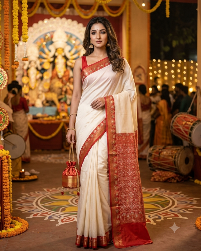 dB DESH BIDESH Women`s kanjivaram silk latest, Sinduraah design saree party, wear fancy banarasi Art silk saree wedding, function trending New silk saree farewell festival White red saree for women