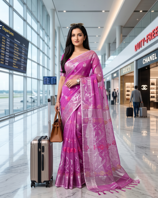 dB DESH BIDESH Women's Soft Cotton Silk Jamdani Sarees For Women for Party, Wear Linen Silk Saree Zarikatha Design Cotton saree for woman Without Blouse piece (Pink)