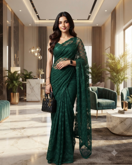 Women’s Net Sequin Embroidered saree Soft Net saree party, wear Chiffon wedding Silk georgette latest, Net sarees Heavy design Function Festive farewell saree for women (Teal Green)