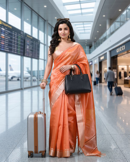 Women`s Tissue silk sarees for women latest, design organza New sari Swarnika zari Design golden Kora tissue banarasi saree for wedding party, wear sarees for Women (Copper Orange)