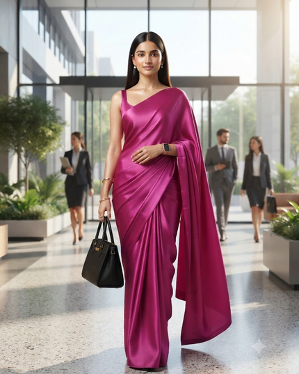 Women`s Soft Satin Silk Plain Saree for wedding, party, wear saree for women latest, design saree Satin Pure silk Crepe farewell party, wear dress Collection Plain sarees (Pink)