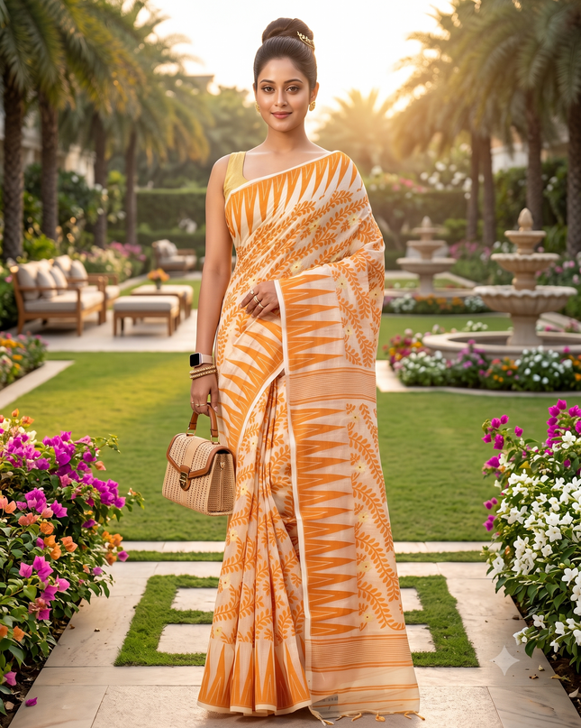 Traditional Tamarind Leaf Resham Dhakai Jamdani Pure Cotton Handloom Saree without Blouse Piece