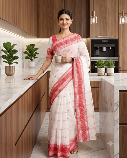 White & Red Ethnic Motifs Pure Cotton Taant Saree